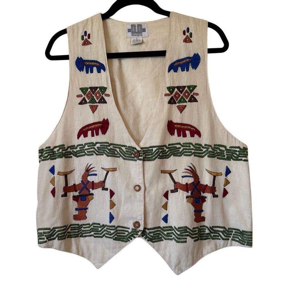 Vintage D.D Designs Ivory Cotton Embroidered Art To Wear Southwestern Vest Sz S